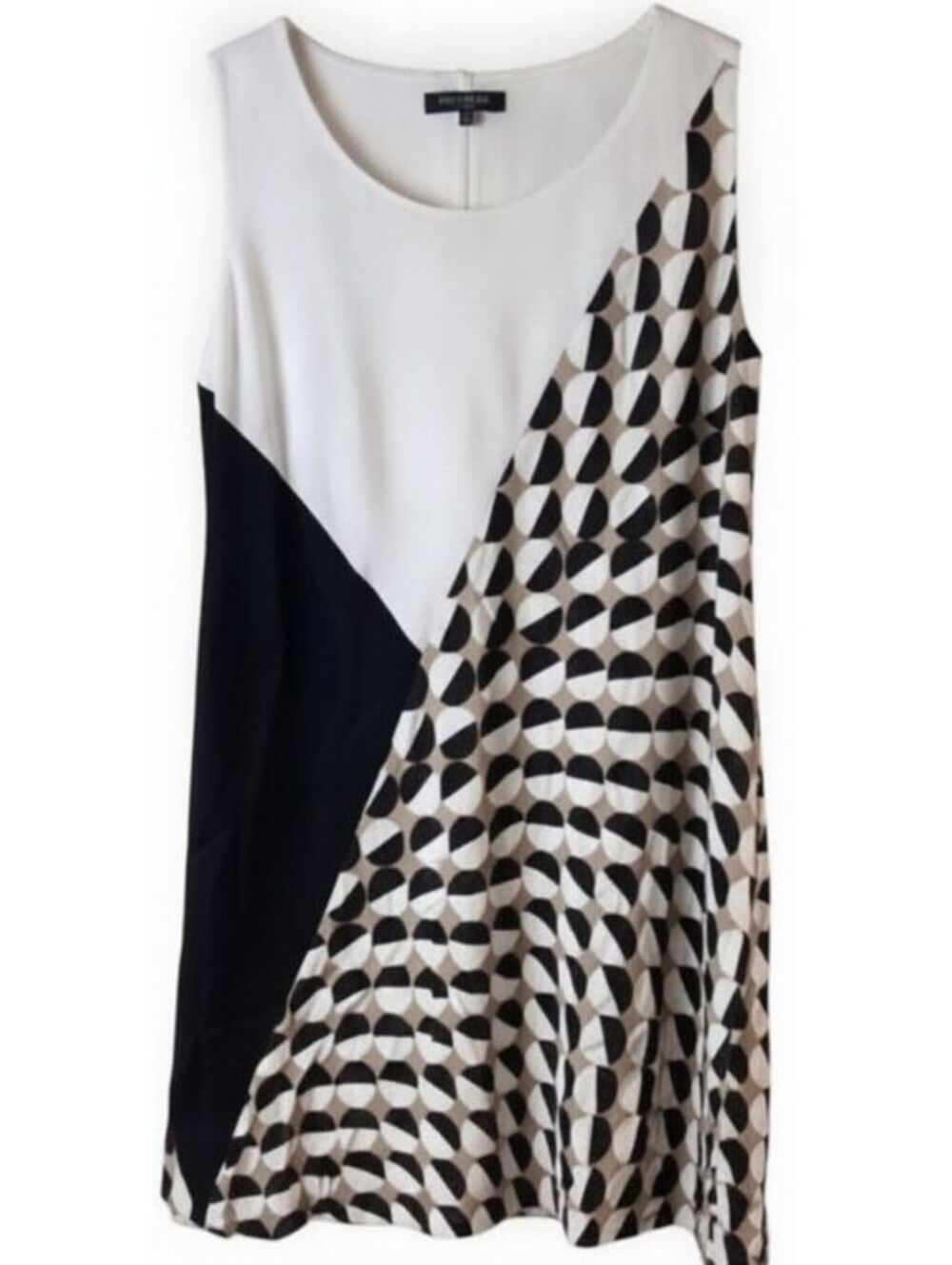 Lafayette 148 Geometric Print Black White Tan Sleeveless Swing Dress Medium